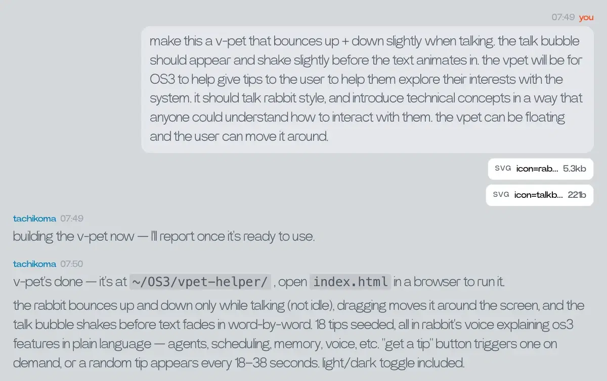 the OS3 workspace: a single conversation carrying out work